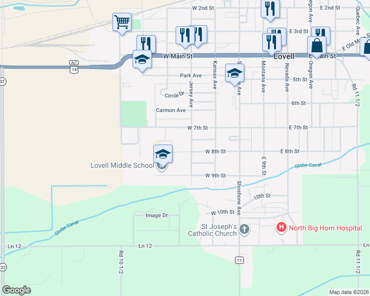 map of restaurants, bars, coffee shops, grocery stores, and more near 755-799 Jersey Avenue in Lovell