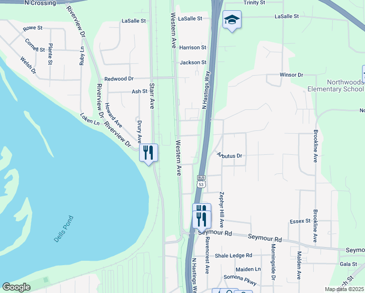 map of restaurants, bars, coffee shops, grocery stores, and more near 1337 Western Avenue in Eau Claire