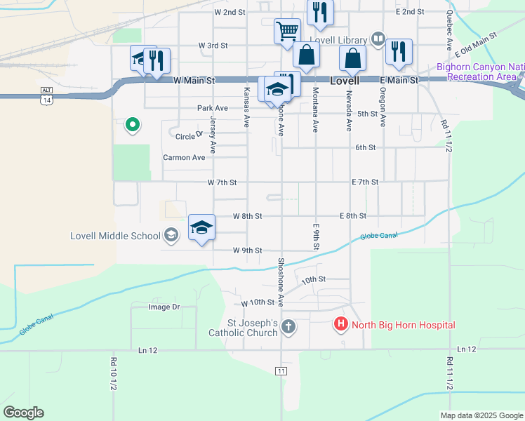 map of restaurants, bars, coffee shops, grocery stores, and more near 51 West 8th Street in Lovell