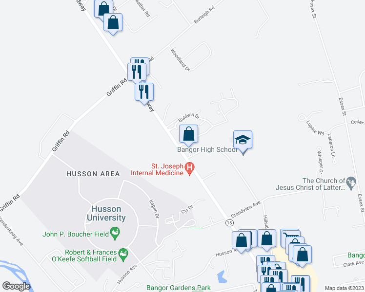 map of restaurants, bars, coffee shops, grocery stores, and more near 26 Orchard Hills Parkway in Bangor