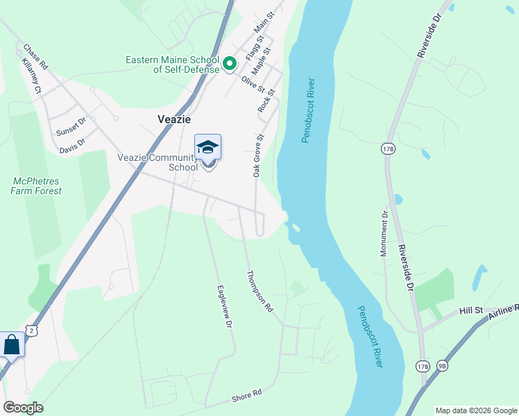 map of restaurants, bars, coffee shops, grocery stores, and more near 1084 School Street in Veazie