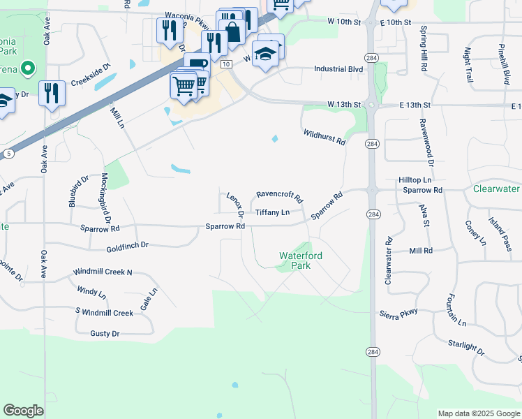 map of restaurants, bars, coffee shops, grocery stores, and more near 616 Tiffany Lane in Waconia