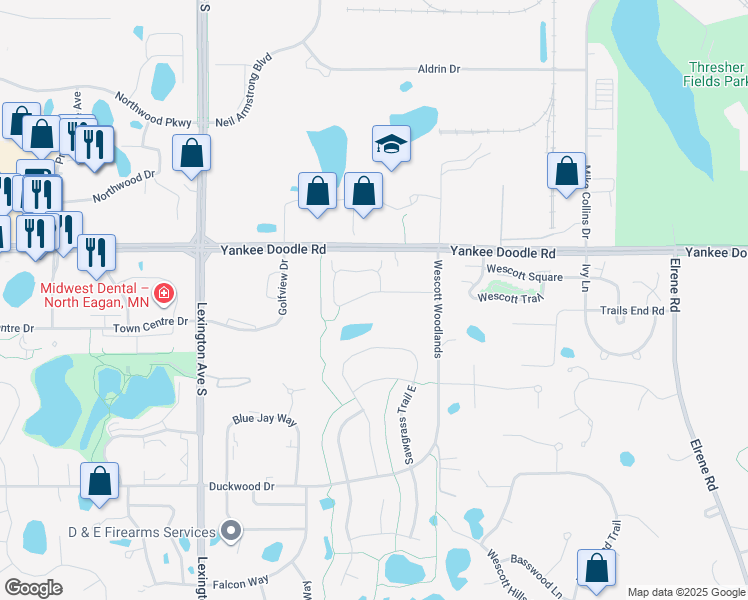 map of restaurants, bars, coffee shops, grocery stores, and more near 1106 Station Trail in Eagan