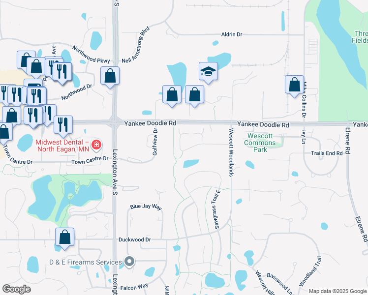 map of restaurants, bars, coffee shops, grocery stores, and more near 1121 Station Trail in Eagan