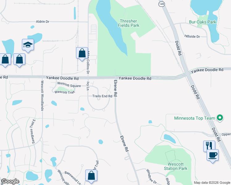 map of restaurants, bars, coffee shops, grocery stores, and more near 3424 Elrene Road in Eagan