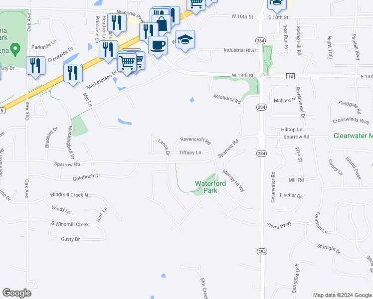 map of restaurants, bars, coffee shops, grocery stores, and more near 616 Tiffany Lane in Waconia