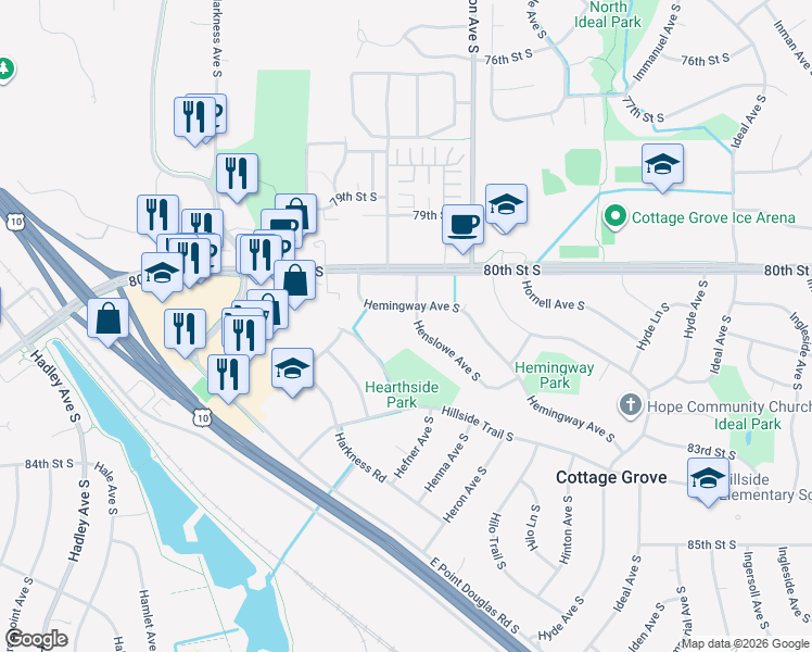 map of restaurants, bars, coffee shops, grocery stores, and more near 8114 Henslowe Avenue South in Cottage Grove