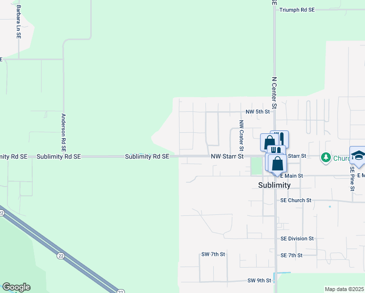 map of restaurants, bars, coffee shops, grocery stores, and more near 334 Northwest Melrose Street in Sublimity