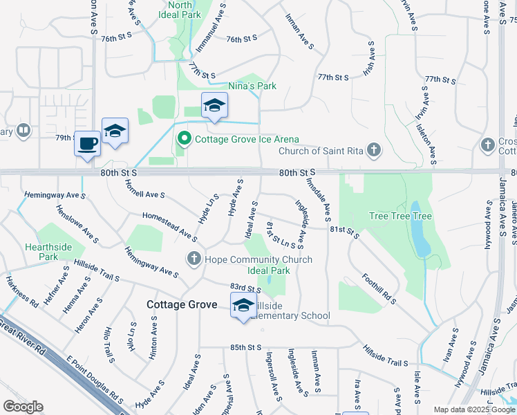map of restaurants, bars, coffee shops, grocery stores, and more near 8121 Ideal Avenue South in Cottage Grove