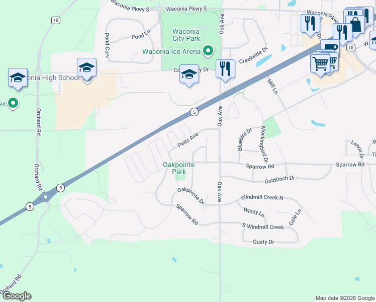 map of restaurants, bars, coffee shops, grocery stores, and more near 1486 Spinnaker Road in Waconia