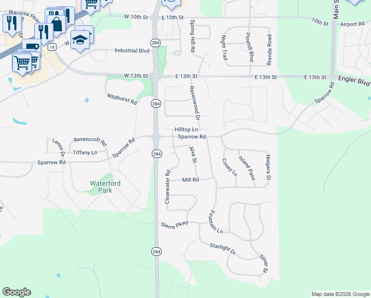 map of restaurants, bars, coffee shops, grocery stores, and more near 121 Alva Street in Waconia