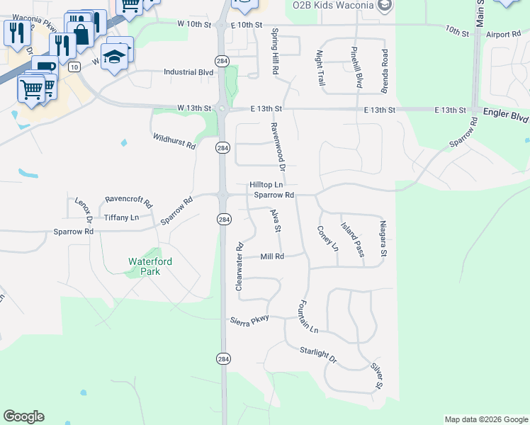 map of restaurants, bars, coffee shops, grocery stores, and more near 121 Alva Street in Waconia