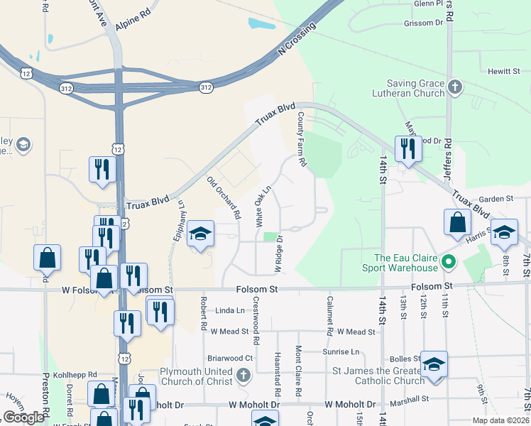 map of restaurants, bars, coffee shops, grocery stores, and more near 3213 White Oak Lane in Eau Claire