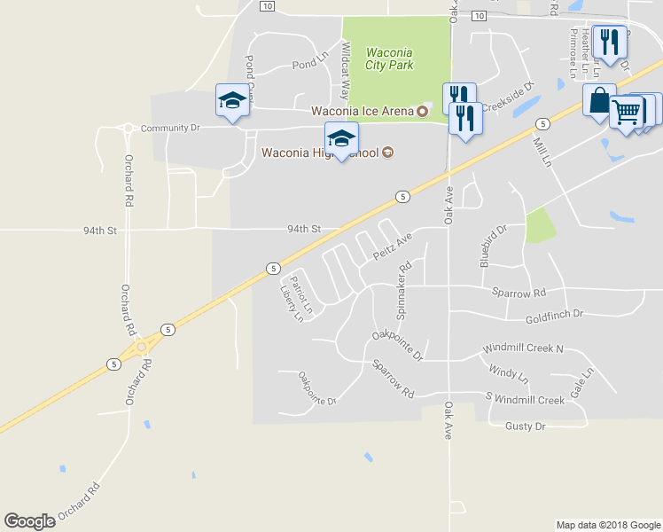 map of restaurants, bars, coffee shops, grocery stores, and more near 1527 Prosperity Lane in Waconia