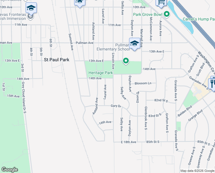 map of restaurants, bars, coffee shops, grocery stores, and more near 1436 Laurel Avenue in Saint Paul Park