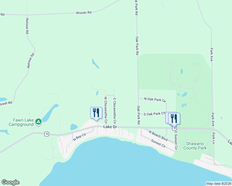 map of restaurants, bars, coffee shops, grocery stores, and more near N6694 East Chicawatha Circle in Shawano