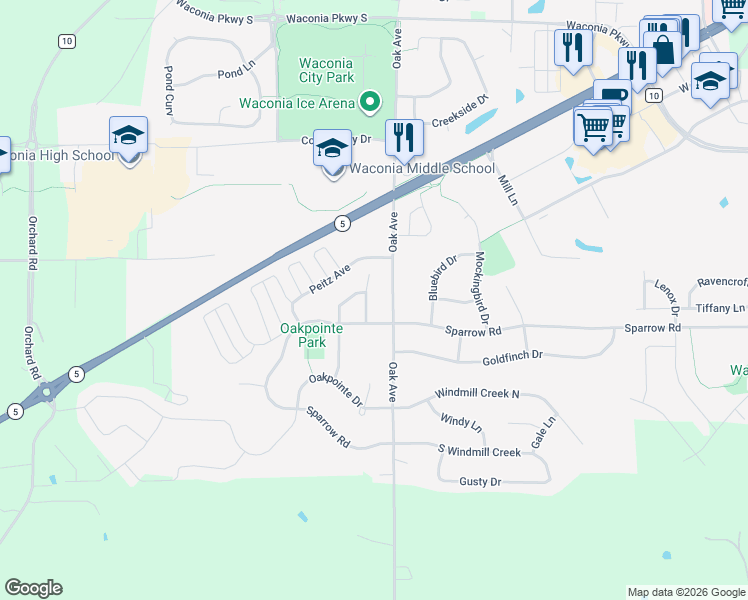 map of restaurants, bars, coffee shops, grocery stores, and more near 1484 Fireside Road in Waconia