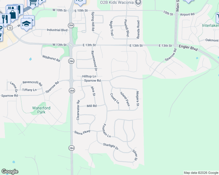 map of restaurants, bars, coffee shops, grocery stores, and more near 1604 Coney Lane in Waconia
