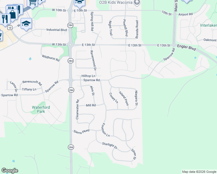 map of restaurants, bars, coffee shops, grocery stores, and more near 1604 Coney Lane in Waconia