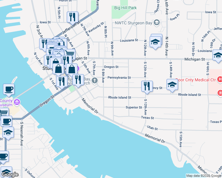 map of restaurants, bars, coffee shops, grocery stores, and more near 829 Quincy Street in Sturgeon Bay