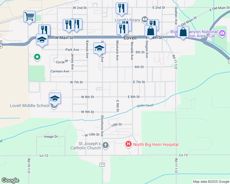 map of restaurants, bars, coffee shops, grocery stores, and more near 778 Montana Avenue in Lovell