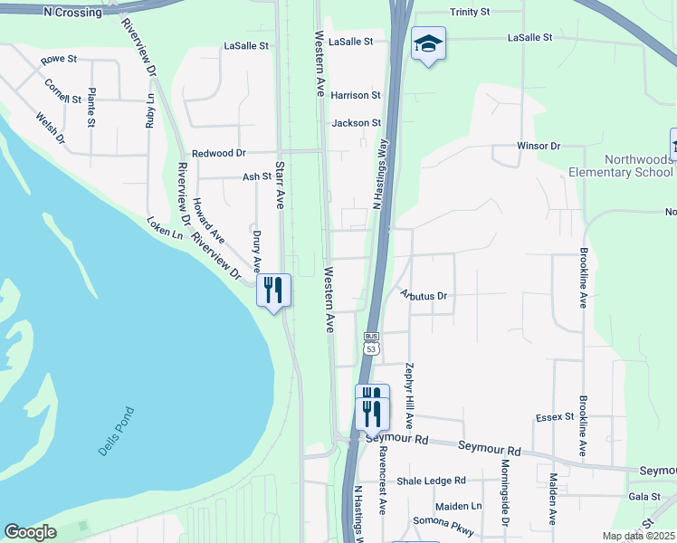 map of restaurants, bars, coffee shops, grocery stores, and more near 1337 Western Avenue in Eau Claire