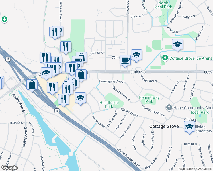 map of restaurants, bars, coffee shops, grocery stores, and more near 8114 Henslowe Avenue South in Cottage Grove