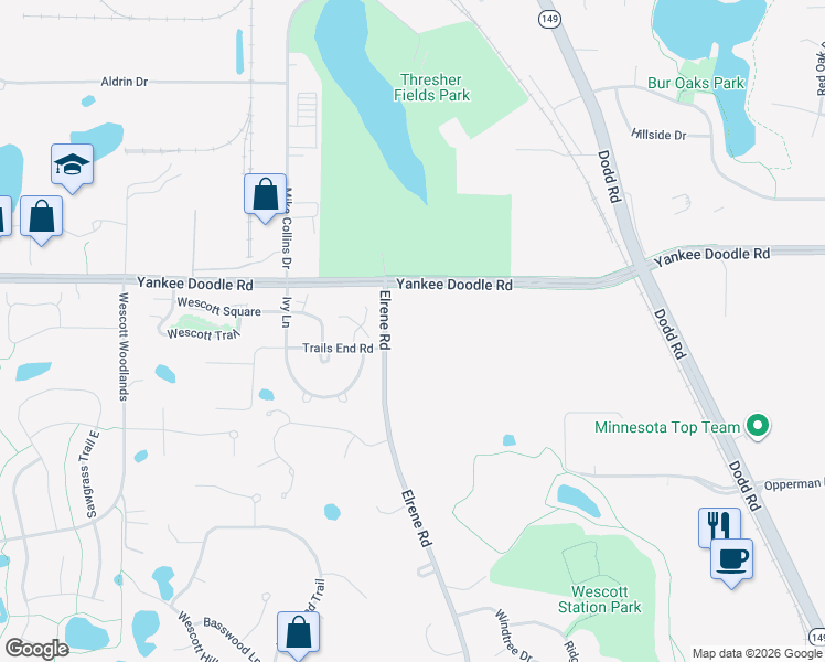 map of restaurants, bars, coffee shops, grocery stores, and more near 3424 Elrene Road in Eagan