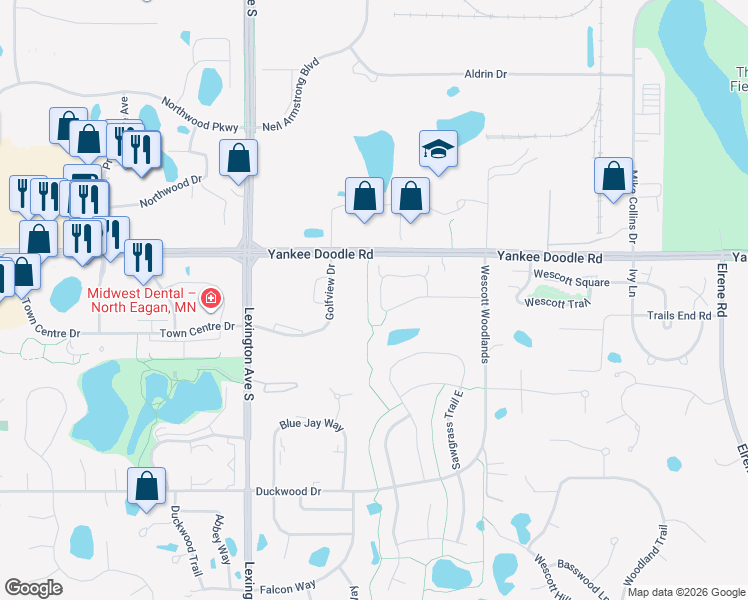 map of restaurants, bars, coffee shops, grocery stores, and more near 1121 Station Trail in Eagan