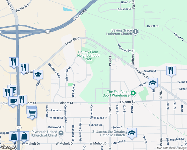 map of restaurants, bars, coffee shops, grocery stores, and more near 1608 County Farm Road in Eau Claire