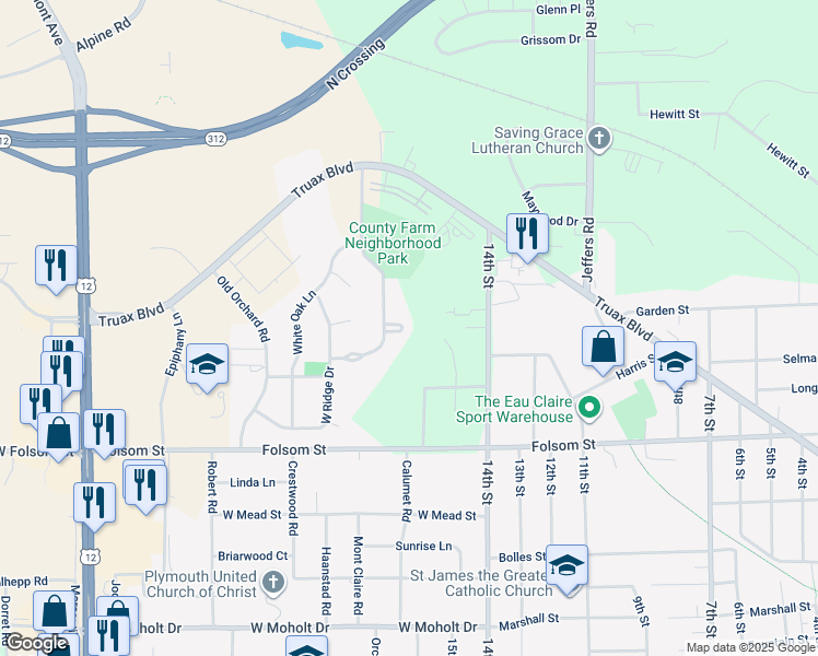 map of restaurants, bars, coffee shops, grocery stores, and more near 1608 County Farm Road in Eau Claire