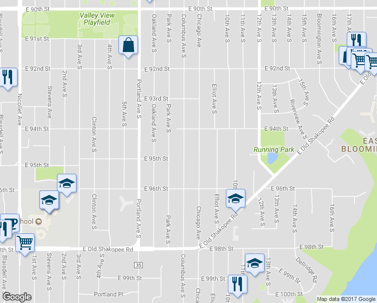 map of restaurants, bars, coffee shops, grocery stores, and more near 9441 Columbus Avenue South in Minneapolis