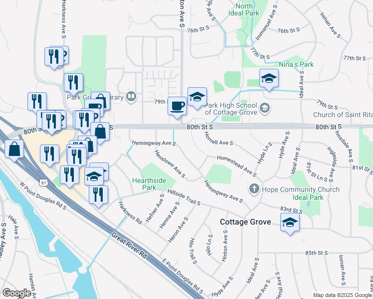 map of restaurants, bars, coffee shops, grocery stores, and more near 8165 Hemingway Avenue South in Cottage Grove