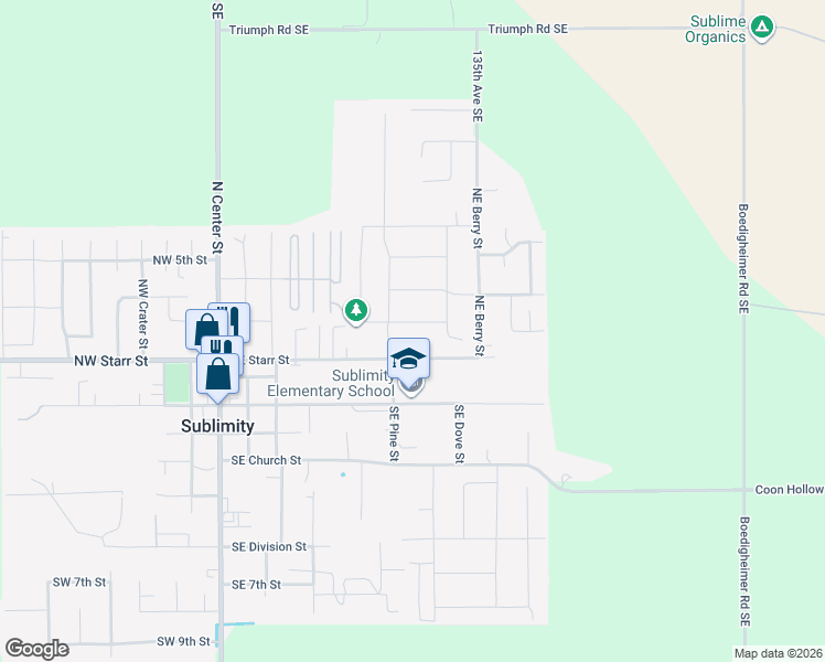 map of restaurants, bars, coffee shops, grocery stores, and more near 514 Northeast Aspen Street in Sublimity