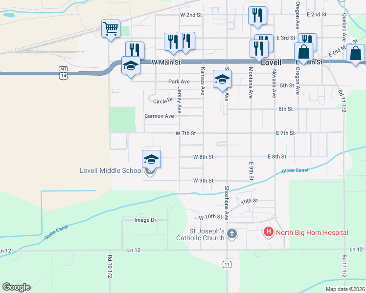 map of restaurants, bars, coffee shops, grocery stores, and more near 755 Jersey Avenue in Lovell