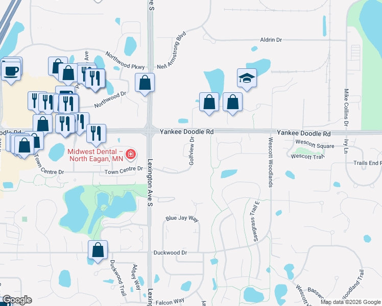 map of restaurants, bars, coffee shops, grocery stores, and more near 3420 Golfview Drive in Eagan