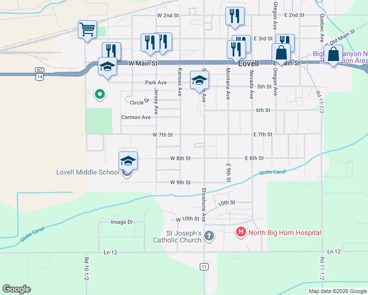 map of restaurants, bars, coffee shops, grocery stores, and more near 51 West 8th Street in Lovell