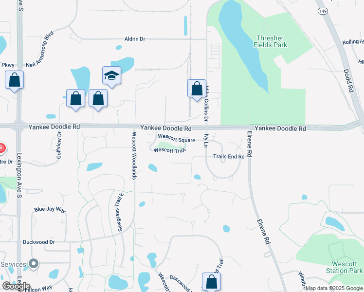 map of restaurants, bars, coffee shops, grocery stores, and more near 876 Trails End Road in Eagan