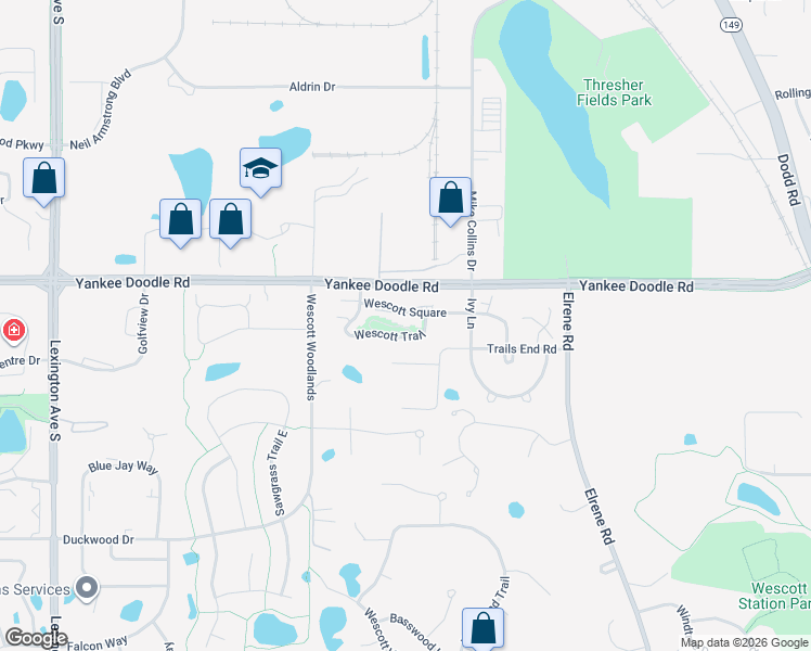 map of restaurants, bars, coffee shops, grocery stores, and more near 899 Wescott Trail in Eagan