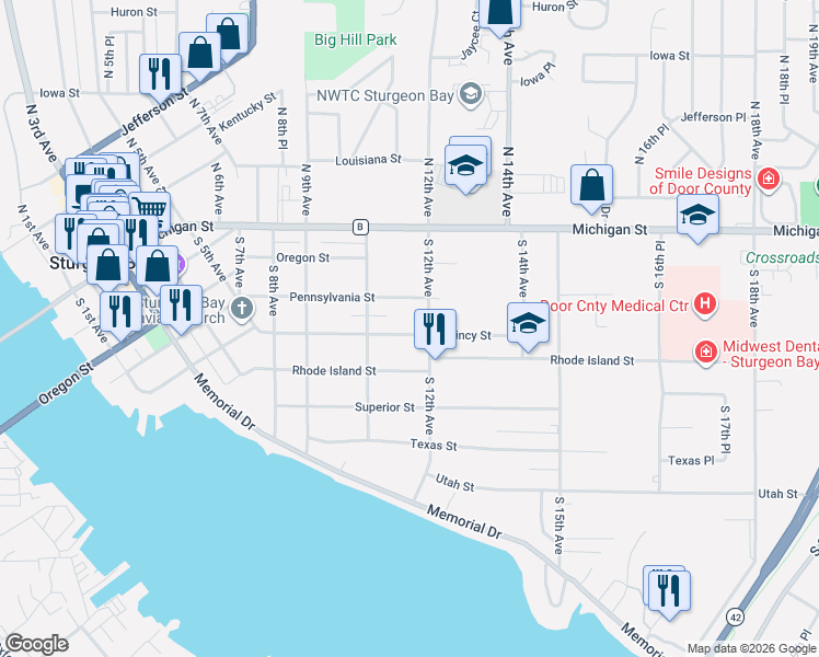 map of restaurants, bars, coffee shops, grocery stores, and more near 1127 Quincy Street in Sturgeon Bay