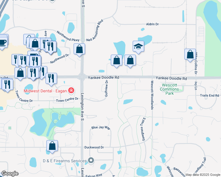 map of restaurants, bars, coffee shops, grocery stores, and more near 3440 Golfview Drive in Saint Paul