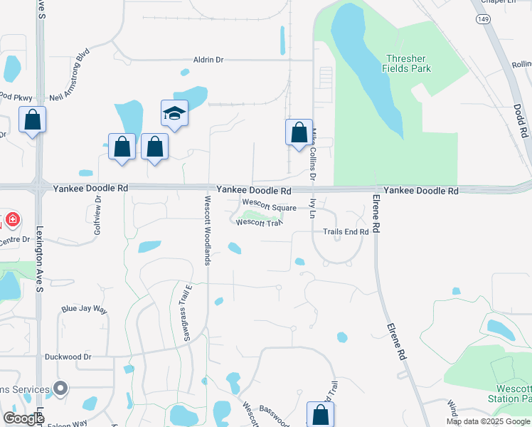 map of restaurants, bars, coffee shops, grocery stores, and more near 899 Wescott Trail in Eagan