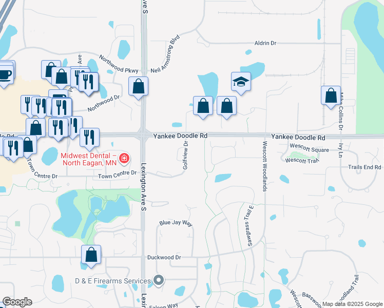 map of restaurants, bars, coffee shops, grocery stores, and more near 3440 Golfview Drive in Saint Paul