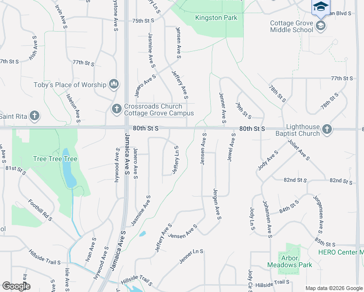 map of restaurants, bars, coffee shops, grocery stores, and more near 8093 Jeffery Lane South in Cottage Grove