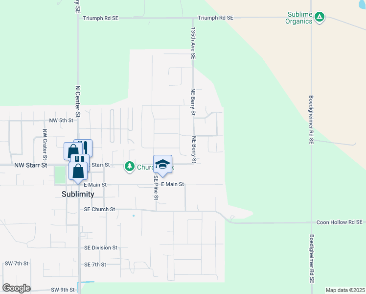 map of restaurants, bars, coffee shops, grocery stores, and more near 216 Northeast Alder Way in Sublimity