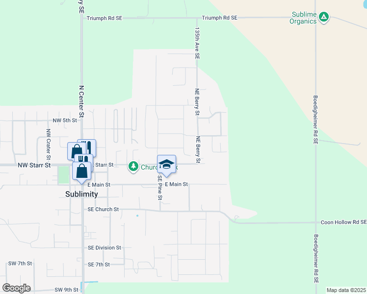 map of restaurants, bars, coffee shops, grocery stores, and more near 216 NE Alder Way in Sublimity