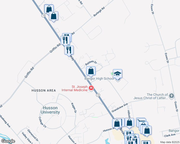 map of restaurants, bars, coffee shops, grocery stores, and more near 26 Orchard Hills Parkway in Bangor
