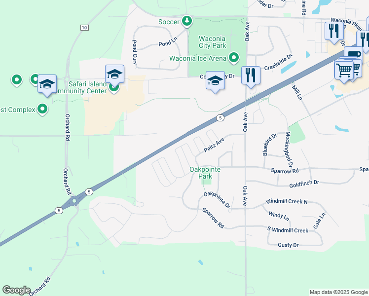 map of restaurants, bars, coffee shops, grocery stores, and more near 1507 Serenity Lane in Waconia