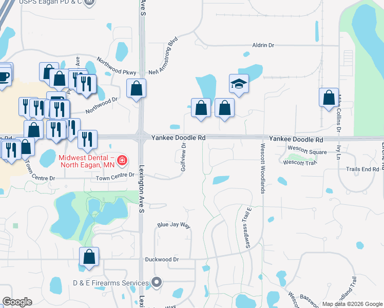 map of restaurants, bars, coffee shops, grocery stores, and more near 3420 Golfview Drive in Saint Paul