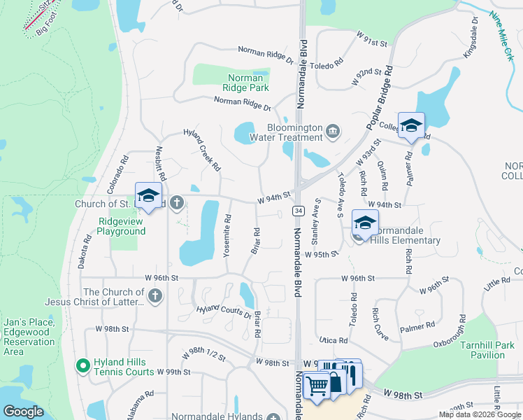 map of restaurants, bars, coffee shops, grocery stores, and more near 9419 Briar Road in Minneapolis